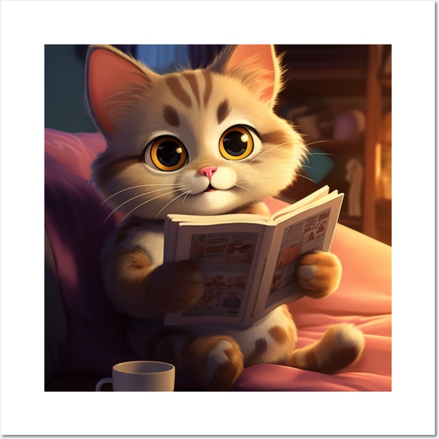 Bookworm Kitten: Cozy Evening Read Wall Art by vk09design